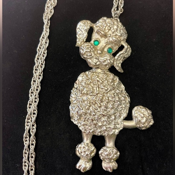 Vintage Jewelry - 🐩 1950s Vintage Poodle Articulate Pendant Necklace Silver with Green Gem…​​